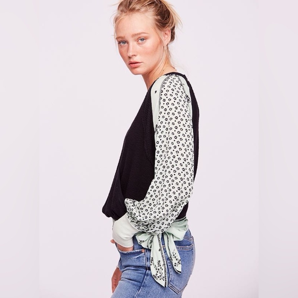 Free People Auxton Waffle Thermal surplice fie front Balloon print sleeves
